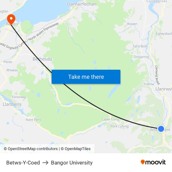 Betws-Y-Coed to Bangor University map