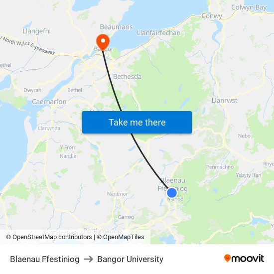 Blaenau Ffestiniog to Bangor University map