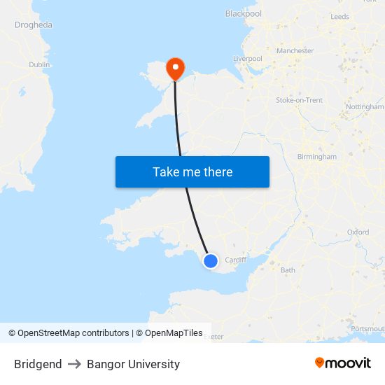 Bridgend to Bangor University map