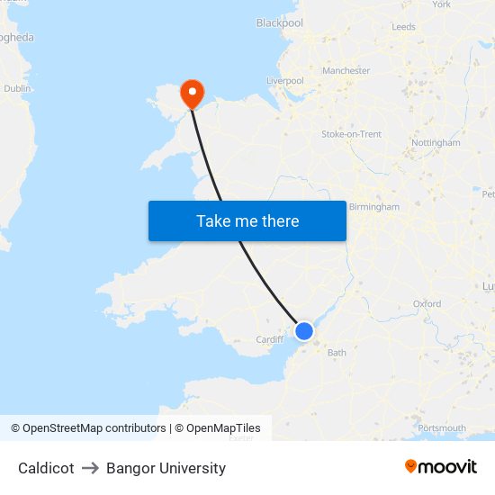 Caldicot to Bangor University map