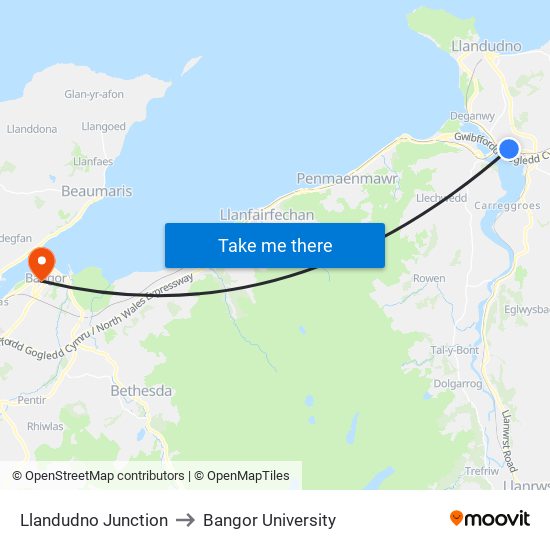 Llandudno Junction to Bangor University map