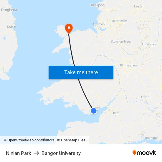Ninian Park to Bangor University map