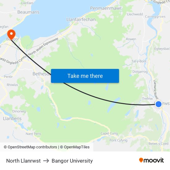 North Llanrwst to Bangor University map