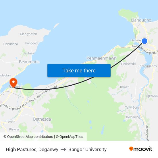 High Pastures, Deganwy to Bangor University map