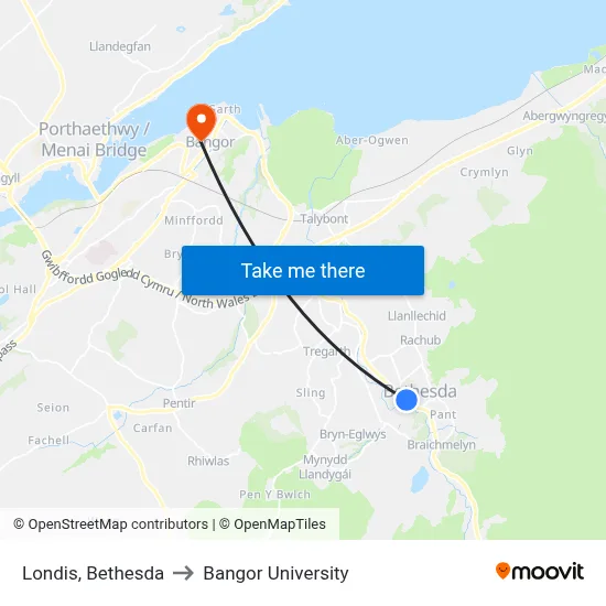 Londis, Bethesda to Bangor University map