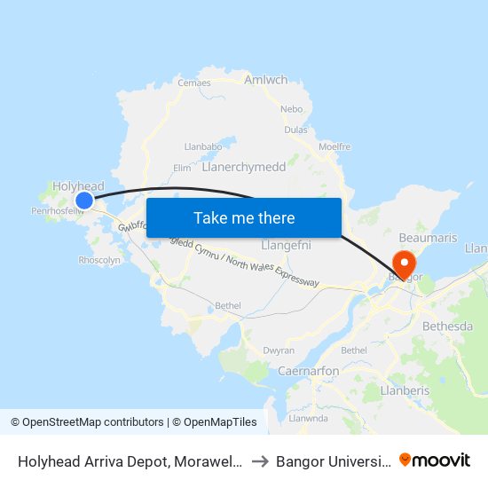 Holyhead Arriva Depot, Morawelon to Bangor University map