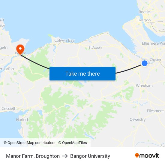 Manor Farm, Broughton to Bangor University map