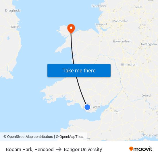Bocam Park, Pencoed to Bangor University map