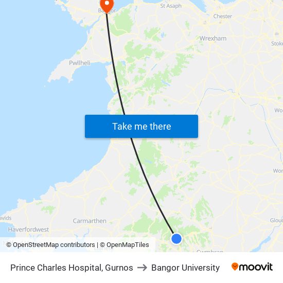 Prince Charles Hospital, Gurnos to Bangor University map