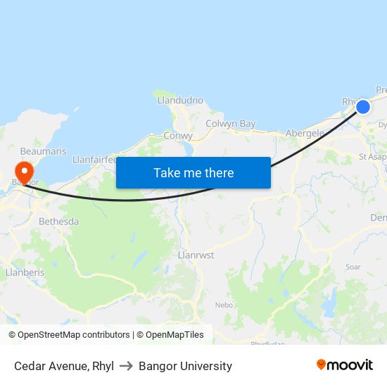 Cedar Avenue, Rhyl to Bangor University map