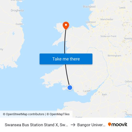 Swansea Bus Station Stand X, Swansea to Bangor University map