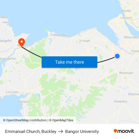 Emmanuel Church, Buckley to Bangor University map