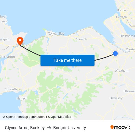 Glynne Arms, Buckley to Bangor University map