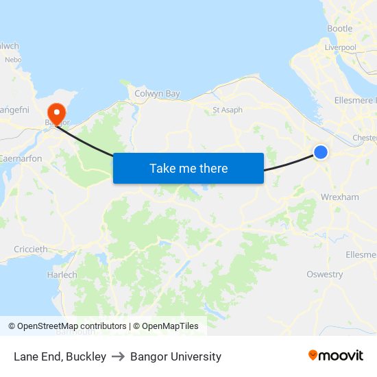 Lane End, Buckley to Bangor University map