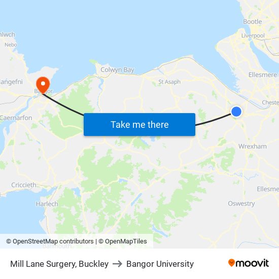 Mill Lane Surgery, Buckley to Bangor University map