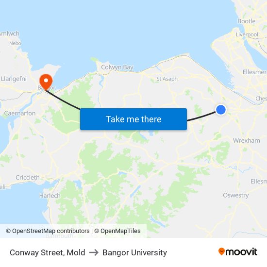 Conway Street, Mold to Bangor University map