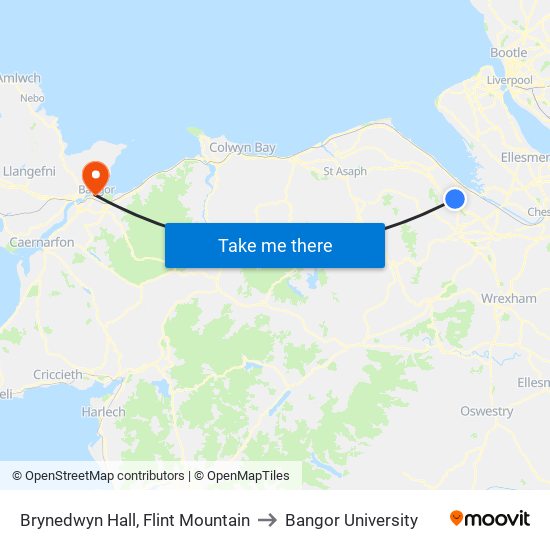 Brynedwyn Hall, Flint Mountain to Bangor University map