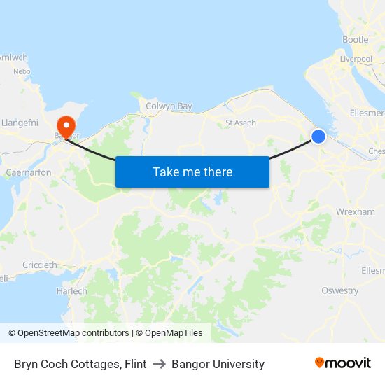 Bryn Coch Cottages, Flint to Bangor University map