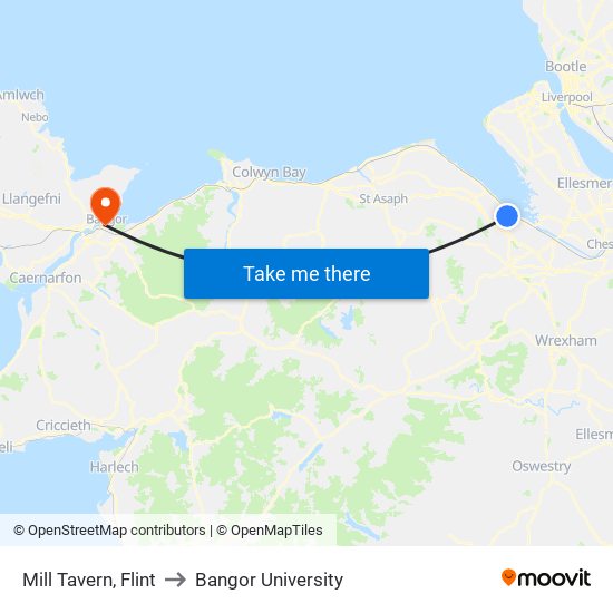Mill Tavern, Flint to Bangor University map