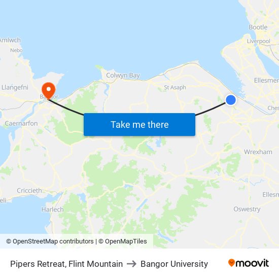 Pipers Retreat, Flint Mountain to Bangor University map