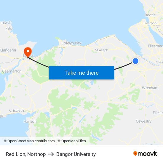 Red Lion, Northop to Bangor University map