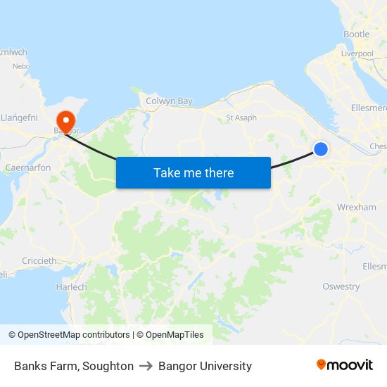 Banks Farm, Soughton to Bangor University map