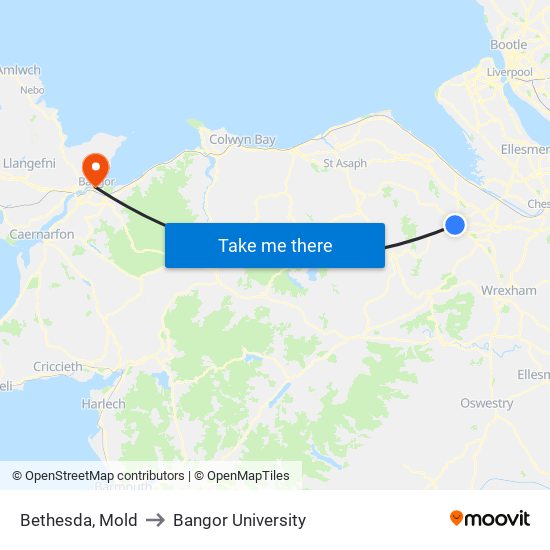 Bethesda, Mold to Bangor University map