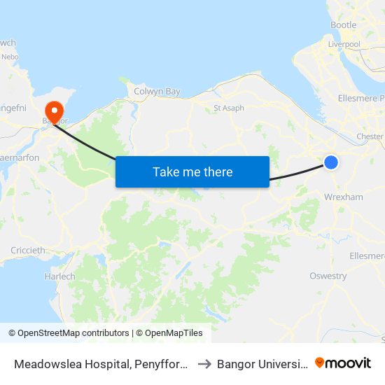 Meadowslea Hospital, Penyffordd to Bangor University map