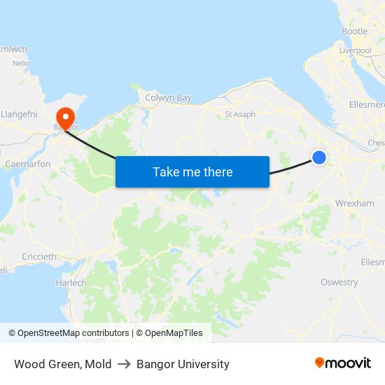 Wood Green, Mold to Bangor University map