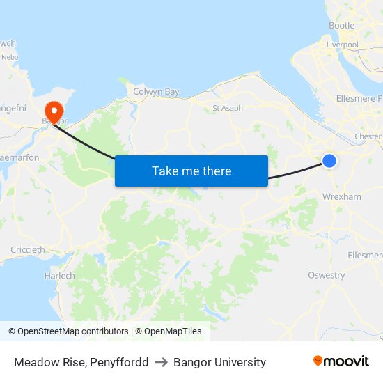 Meadow Rise, Penyffordd to Bangor University map