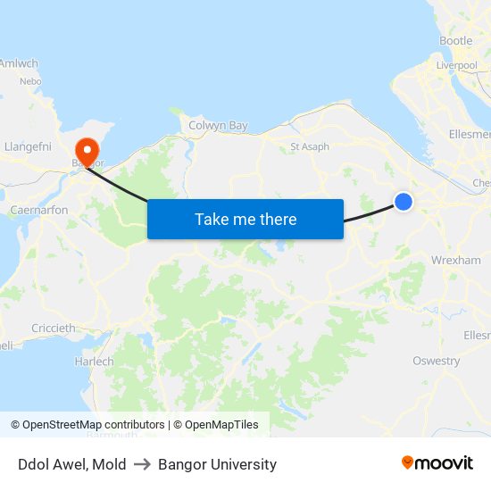 Ddol Awel, Mold to Bangor University map
