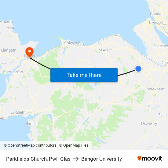 Parkfields Church, Pwll-Glas to Bangor University map