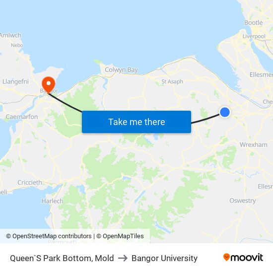 Queen`S Park Bottom, Mold to Bangor University map
