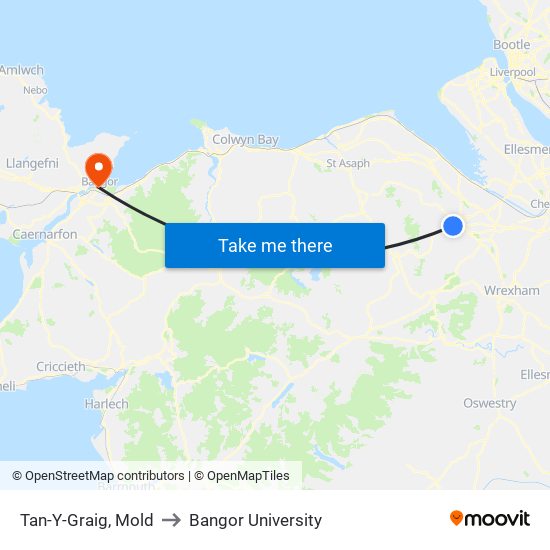 Tan-Y-Graig, Mold to Bangor University map