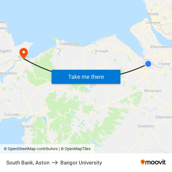 South Bank, Aston to Bangor University map