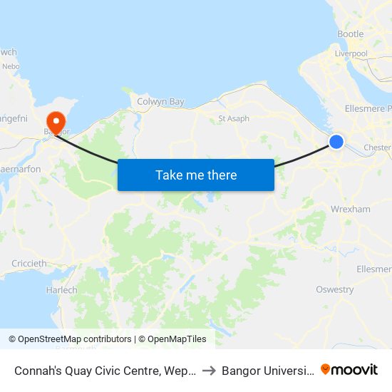 Connah's Quay Civic Centre, Wepre to Bangor University map