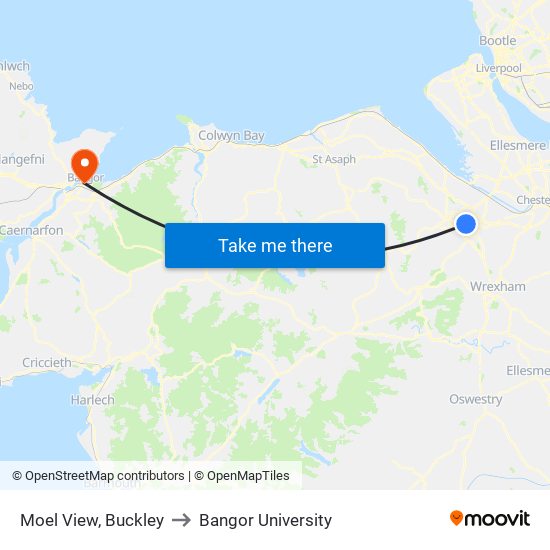 Moel View, Buckley to Bangor University map