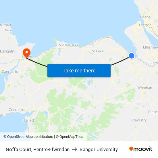 Goffa Court, Pentre-Ffwrndan to Bangor University map