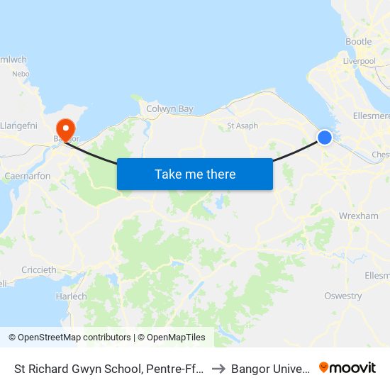 St Richard Gwyn School, Pentre-Ffwrndan to Bangor University map