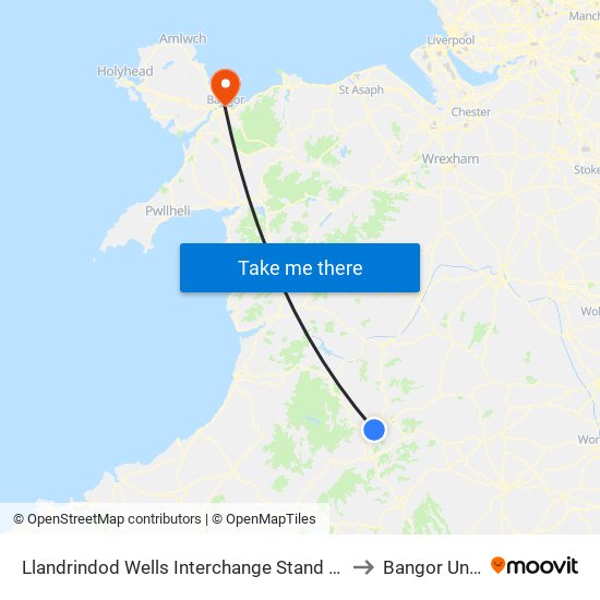 Llandrindod Wells Interchange Stand 1, Llandrindod Wells to Bangor University map