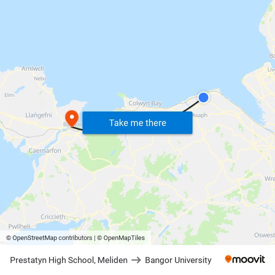 Prestatyn High School, Meliden to Bangor University map