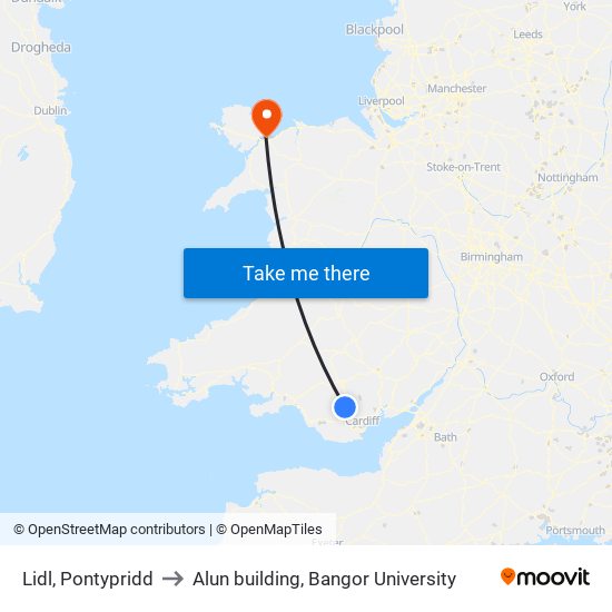 Lidl, Pontypridd to Alun building, Bangor University map