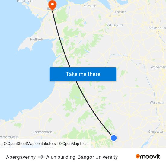 Abergavenny to Alun building, Bangor University map