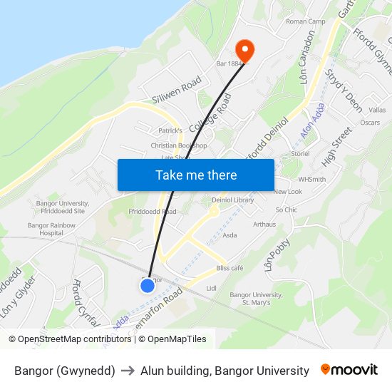 Bangor (Gwynedd) to Alun building, Bangor University map