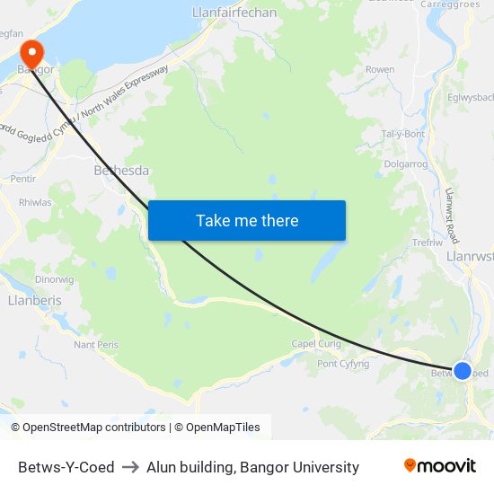 Betws-Y-Coed to Alun building, Bangor University map