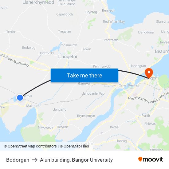 Bodorgan to Alun building, Bangor University map