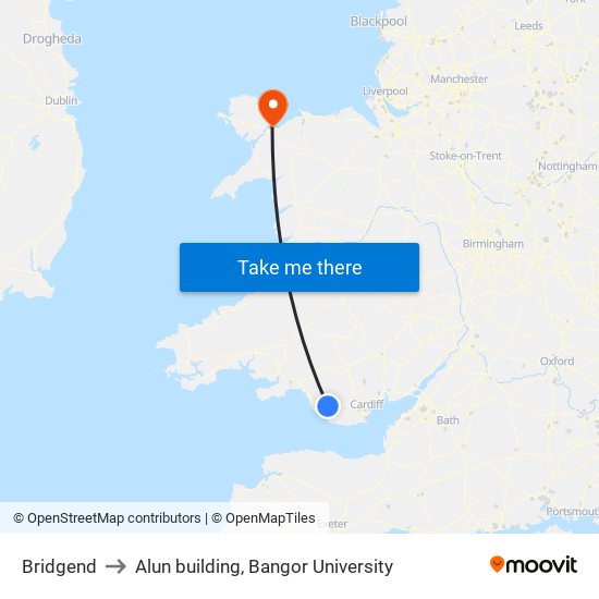 Bridgend to Alun building, Bangor University map