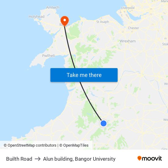 Builth Road to Alun building, Bangor University map