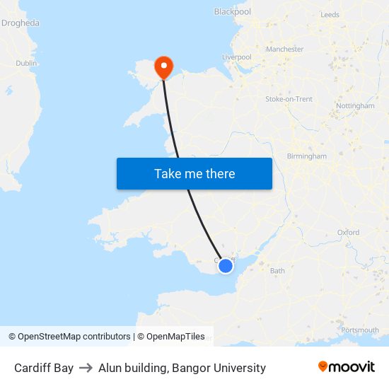 Cardiff Bay to Alun building, Bangor University map
