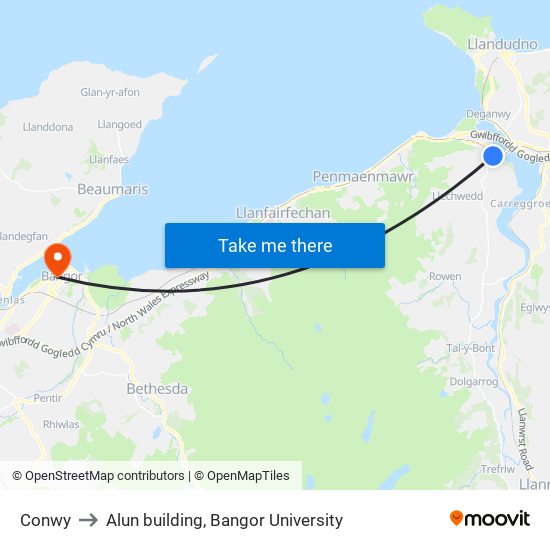 Conwy to Alun building, Bangor University map